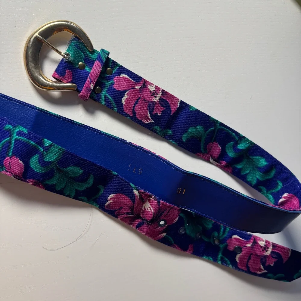 Vtg 80s Blue Floral Wide Waist Fabric Belt Gold Buckle Pink Botanical Maximalist